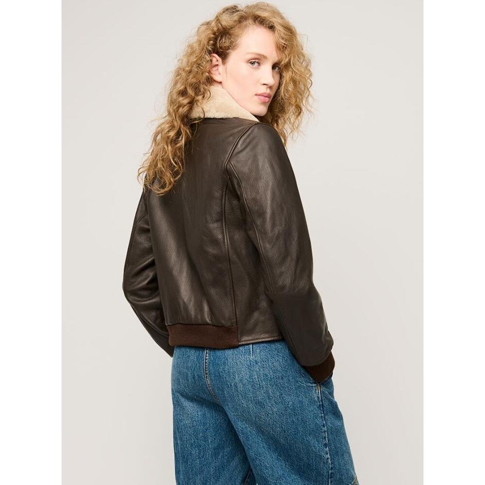 OVERLAND Women's Tracy Leather A-2 Bomber Jacket Size S In Brown/Cream - Picture 3 of 13